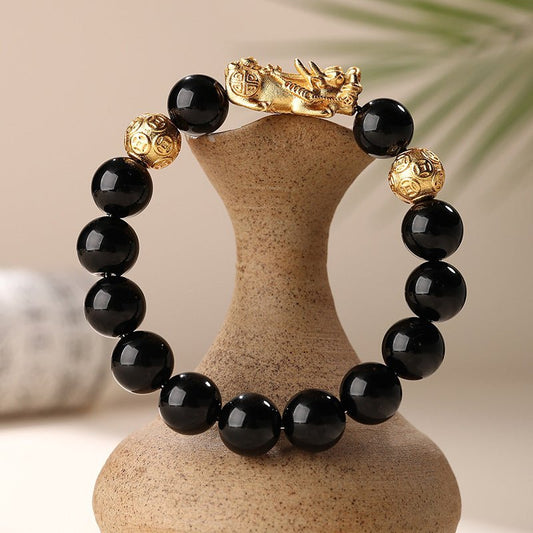 GalaxGrace Black Stone Sand Gold Pixiu Fortune Bead Bracelet Best Gift