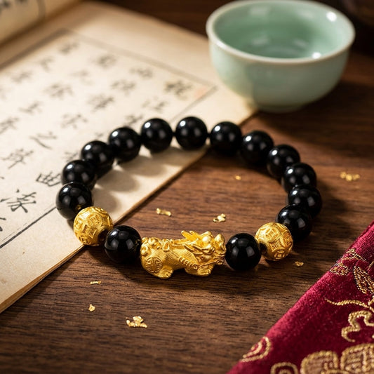 GalaxGrace Black Stone Sand Gold Pixiu Fortune Bead Bracelet Best Gift 1