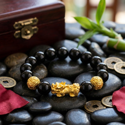 GalaxGrace Black Stone Sand Gold Pixiu Fortune Bead Bracelet Best Gift 2