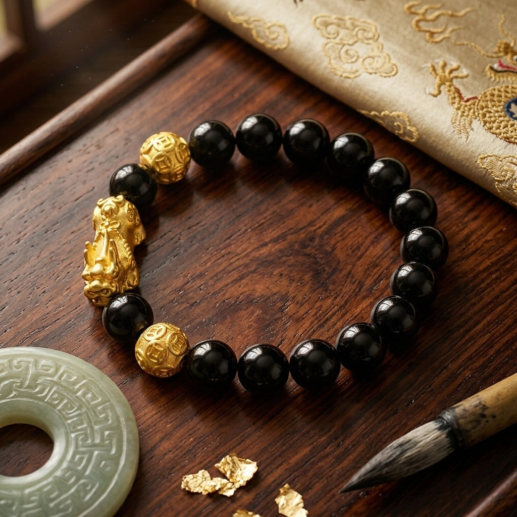 GalaxGrace Black Stone Sand Gold Pixiu Fortune Bead Bracelet Best Gift 3