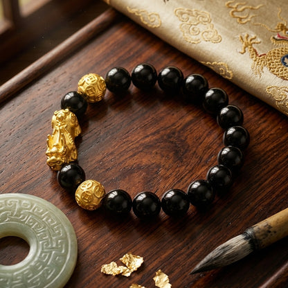 GalaxGrace Black Stone Sand Gold Pixiu Fortune Bead Bracelet Best Gift 3
