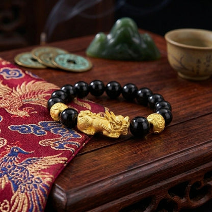 GalaxGrace Black Stone Sand Gold Pixiu Fortune Bead Bracelet Best Gift 4