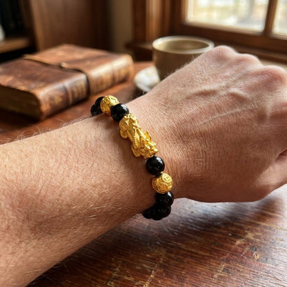 GalaxGrace Black Stone Sand Gold Pixiu Fortune Bead Bracelet Best Gift 7