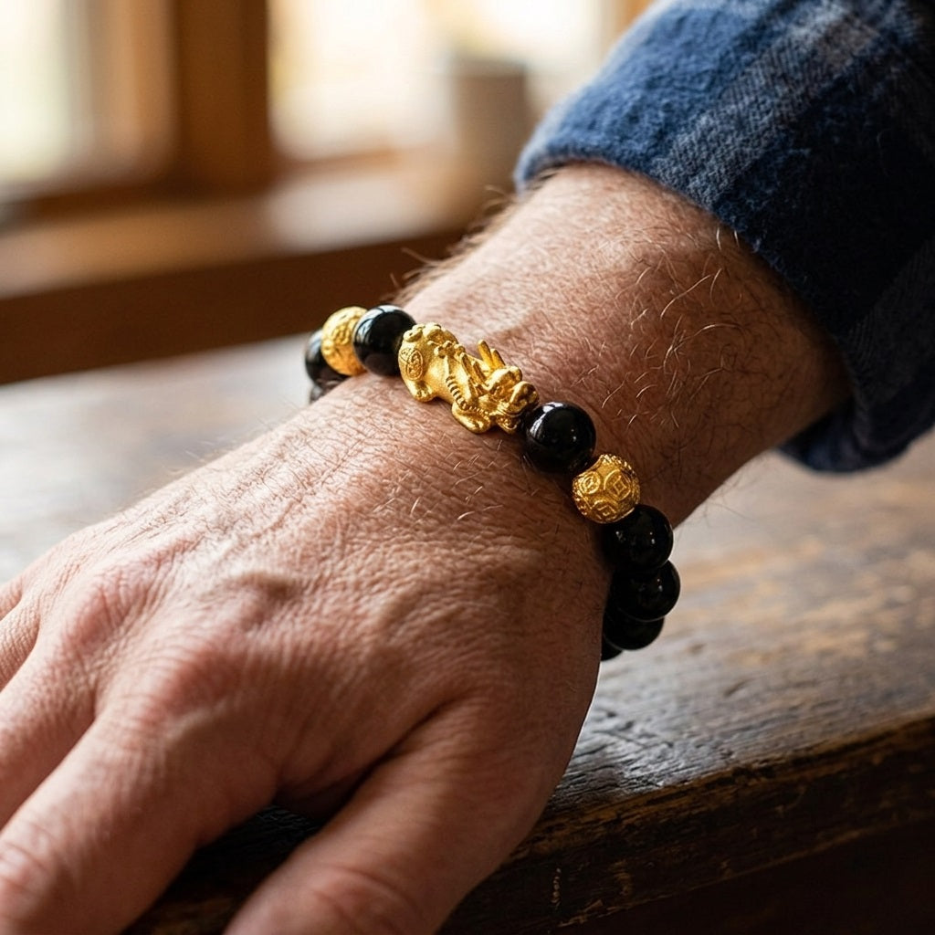 GalaxGrace Black Stone Sand Gold Pixiu Fortune Bead Bracelet Best Gift 8
