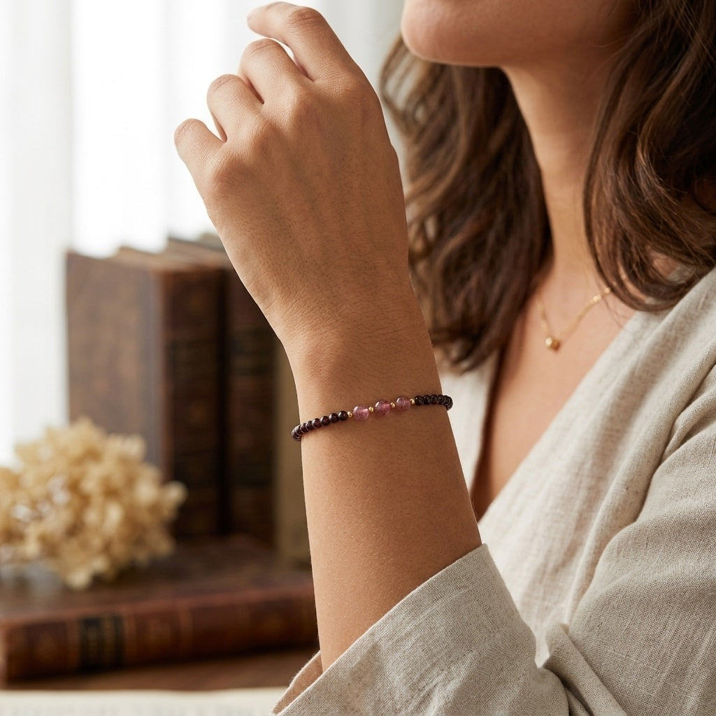 GalaxGrace Burgundy Garnet Strawberry Crystal Bracelet 4mm Extremely Thin Best Gift 4