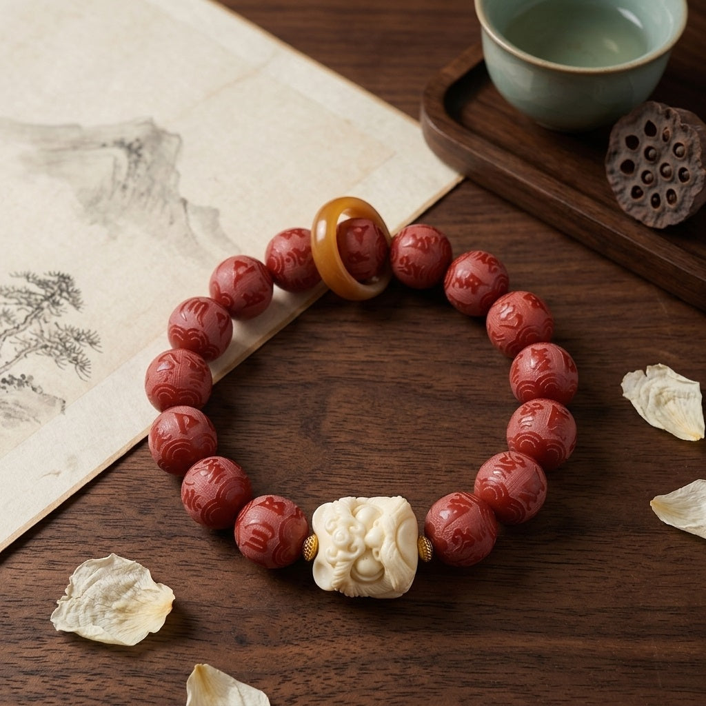 GalaxGrace Chinese Red Six-Character Mantra Carved White Jade Bodhi Root Bracelet Best Gift