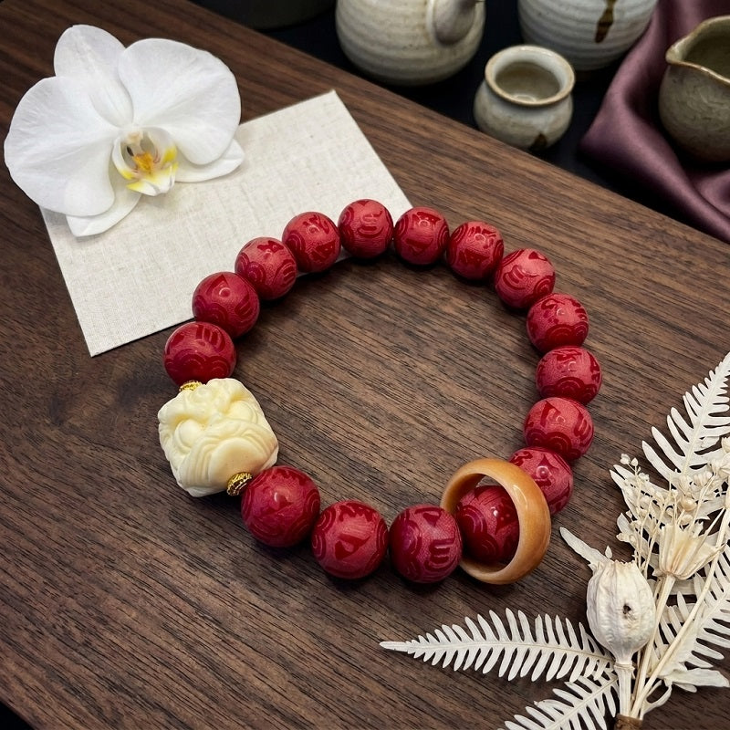GalaxGrace Chinese Red Six-Character Mantra Carved White Jade Bodhi Root Bracelet Best Gift 1