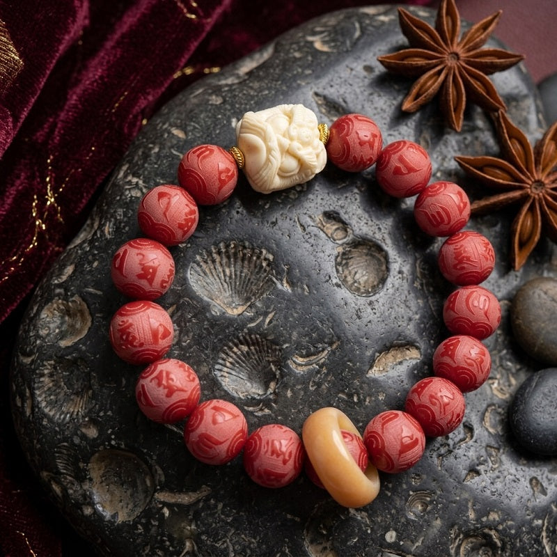 GalaxGrace Chinese Red Six-Character Mantra Carved White Jade Bodhi Root Bracelet Best Gift 2