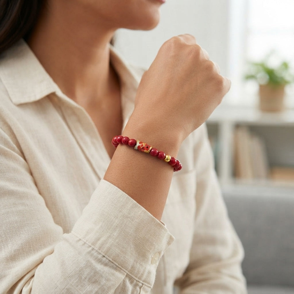 GalaxGrace Cinnabar Lucky Gold Bead Koi Bracelet 4mm Extremely Thin Best Gift 4