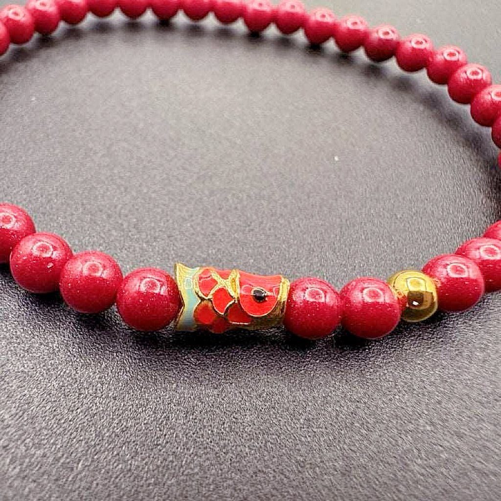 GalaxGrace Cinnabar Lucky Gold Bead Koi Bracelet 4mm Extremely Thin