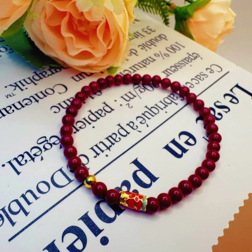 GalaxGrace Cinnabar Lucky Gold Bead Koi Bracelet 4mm Extremely Thin