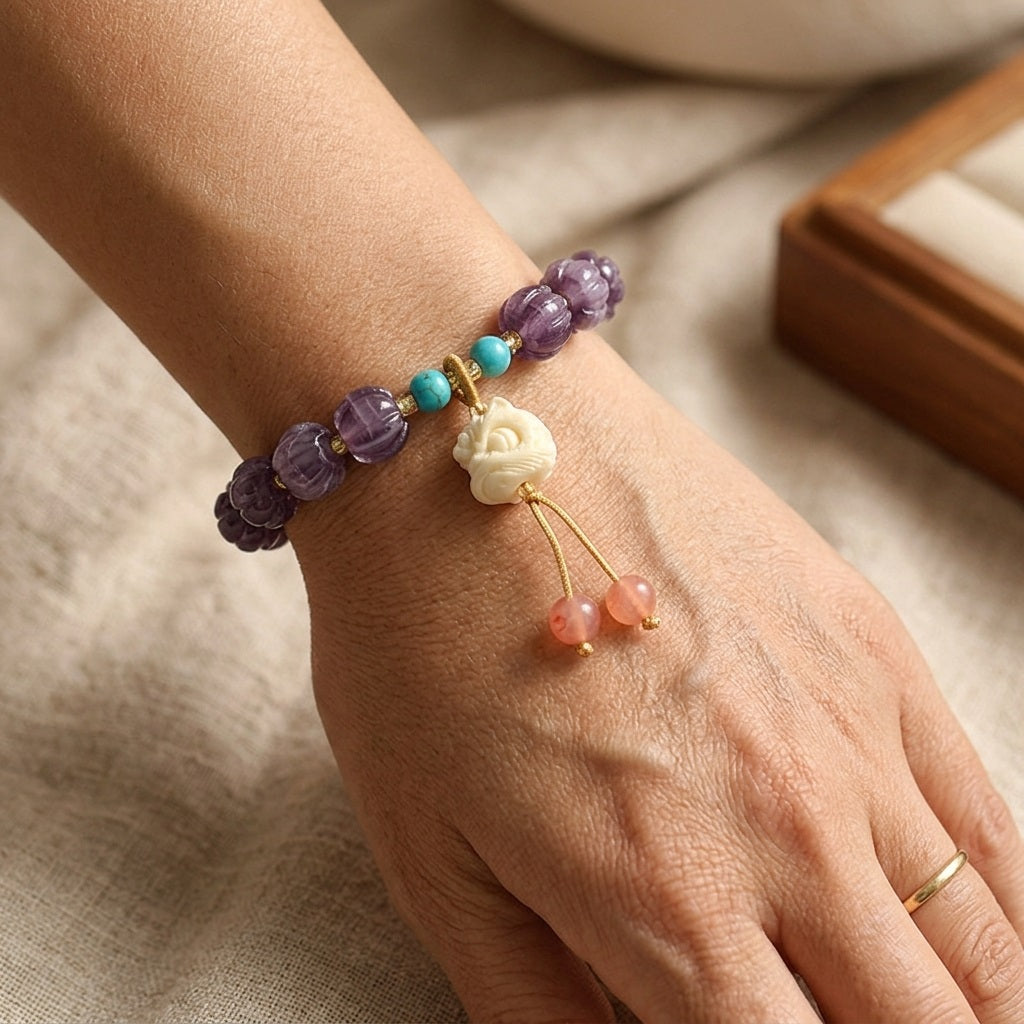 GalaxGrace Dusk Mountain Dancing Lion Glass Lotus Bodhi Bracelet Best Gift 7