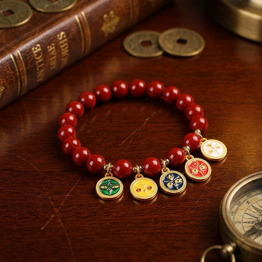 GalaxGrace Five-Way God of Wealth Cinnabar Bracelet Best Gift