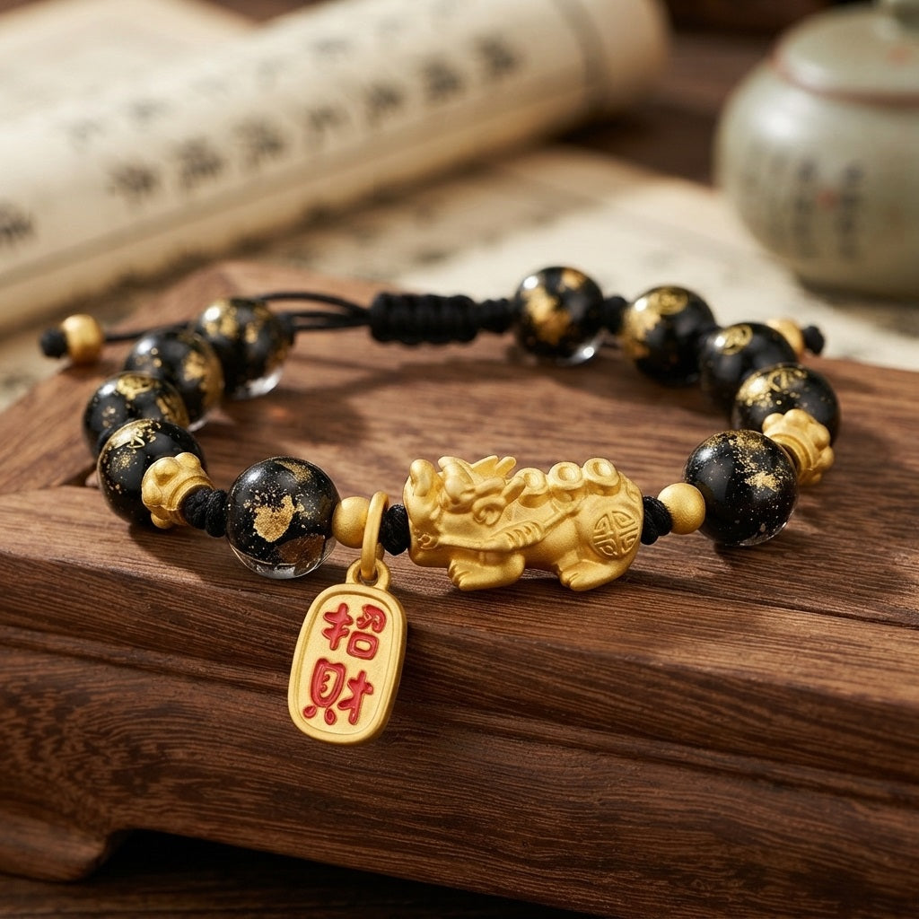 GalaxGrace Gold Foil Glass Pixiu Fortune Bracelet Best Gift