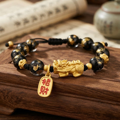 GalaxGrace Gold Foil Glass Pixiu Fortune Bracelet Best Gift