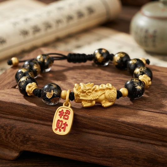 GalaxGrace Gold Foil Glass Pixiu Fortune Bracelet Best Gift