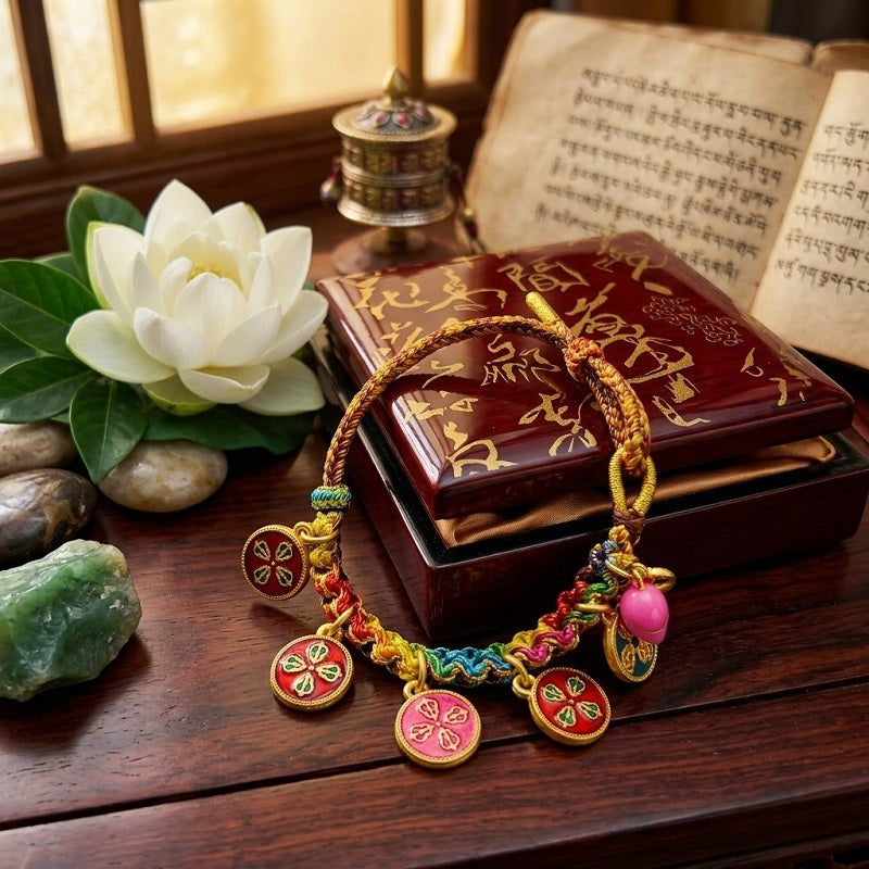 GalaxGrace Hand-woven Peach Blossom Knot Five-way God of Wealth Tibetan Thangka Bracelet Best Gift