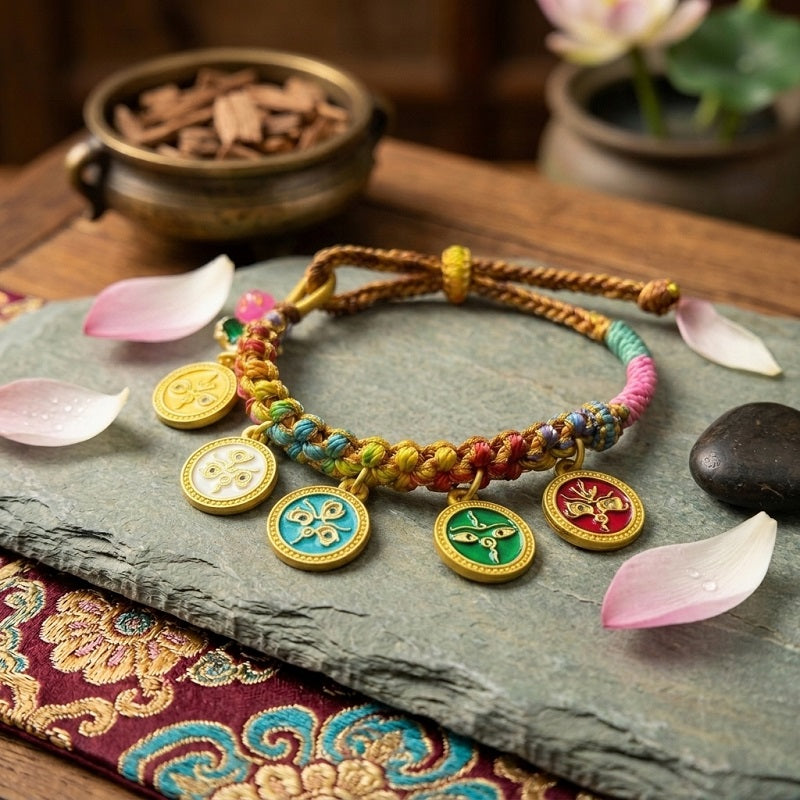 GalaxGrace Hand-woven Peach Blossom Knot Five-way God of Wealth Tibetan Thangka Bracelet Best Gift 1