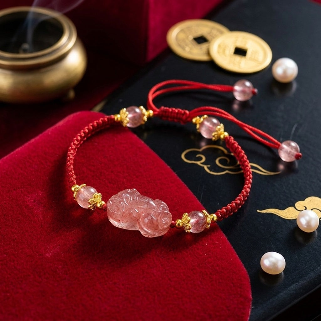 GalaxGrace Hand-woven Strawberry Crystal Pixiu Bracelet Best Gift