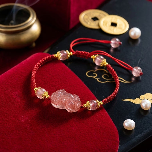 GalaxGrace Hand-woven Strawberry Crystal Pixiu Bracelet Best Gift