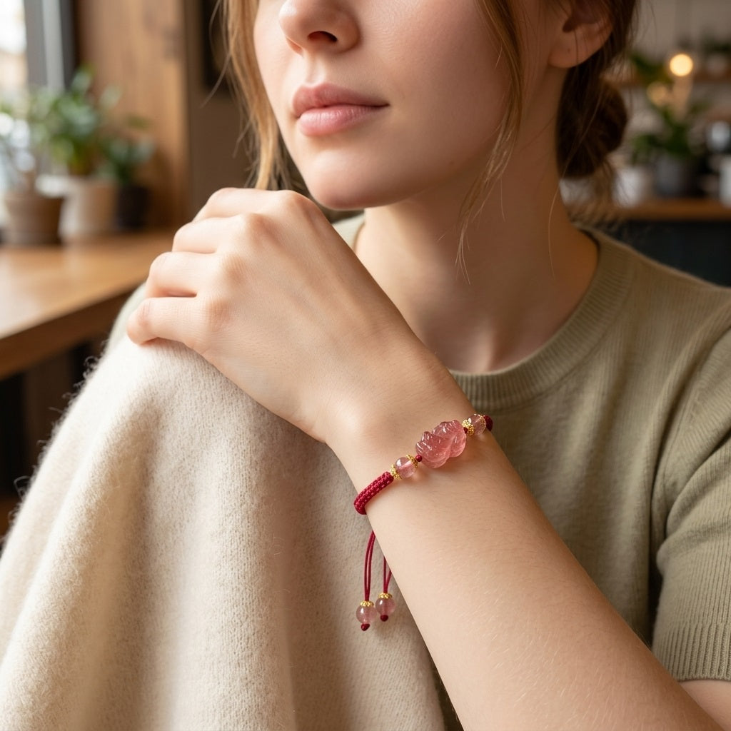 GalaxGrace Hand-woven Strawberry Crystal Pixiu Bracelet Best Gift 4