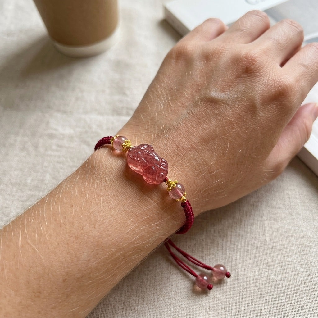 GalaxGrace Hand-woven Strawberry Crystal Pixiu Bracelet Best Gift 5