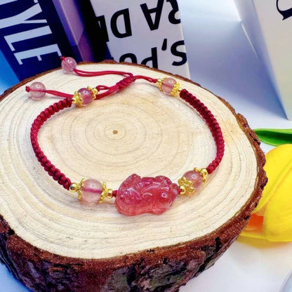 GalaxGrace Hand-woven Strawberry Crystal Pixiu Bracelet