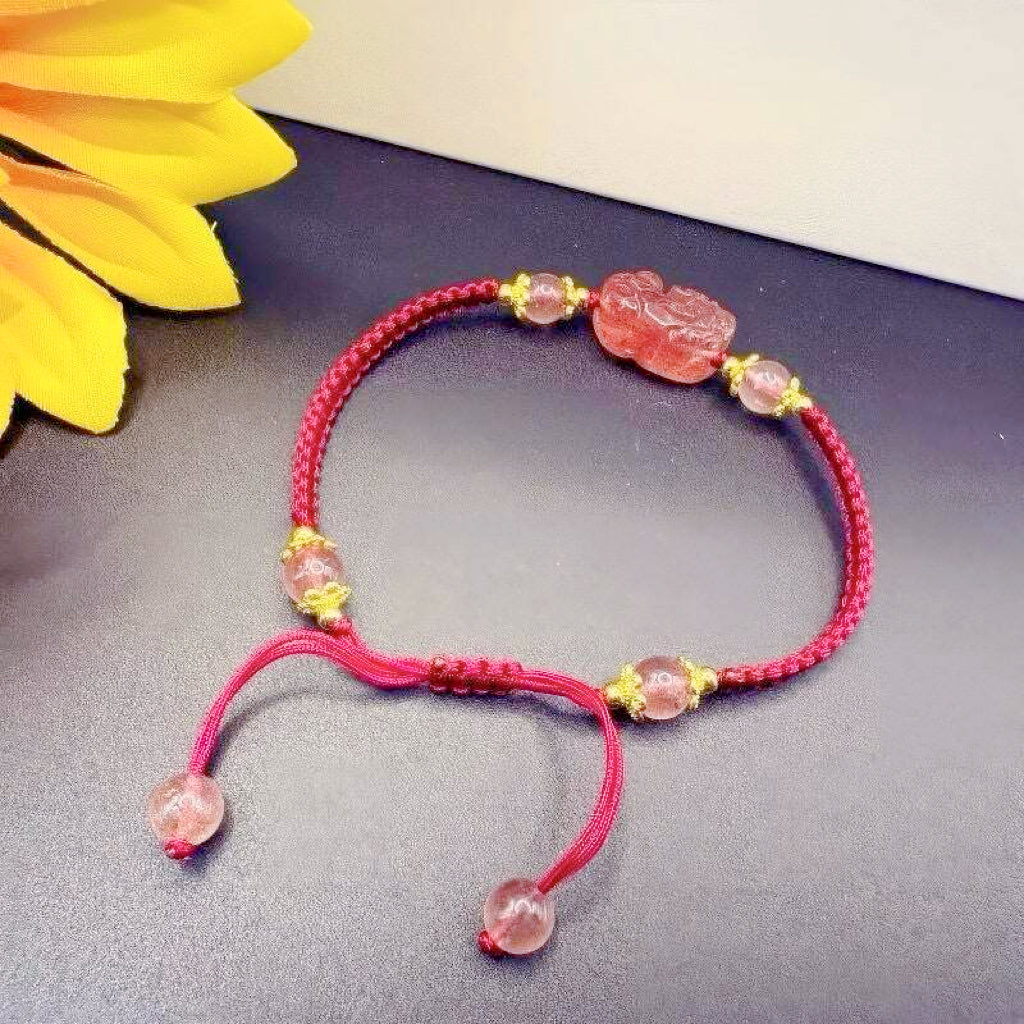 GalaxGrace Hand-woven Strawberry Crystal Pixiu Bracelet