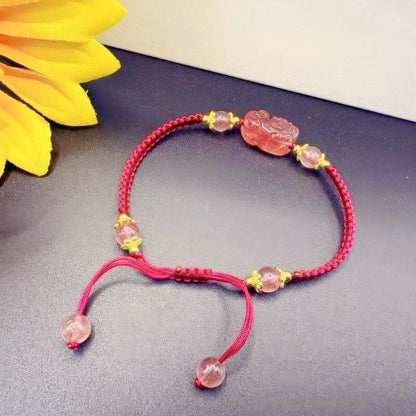 GalaxGrace Hand-woven Strawberry Crystal Pixiu Bracelet