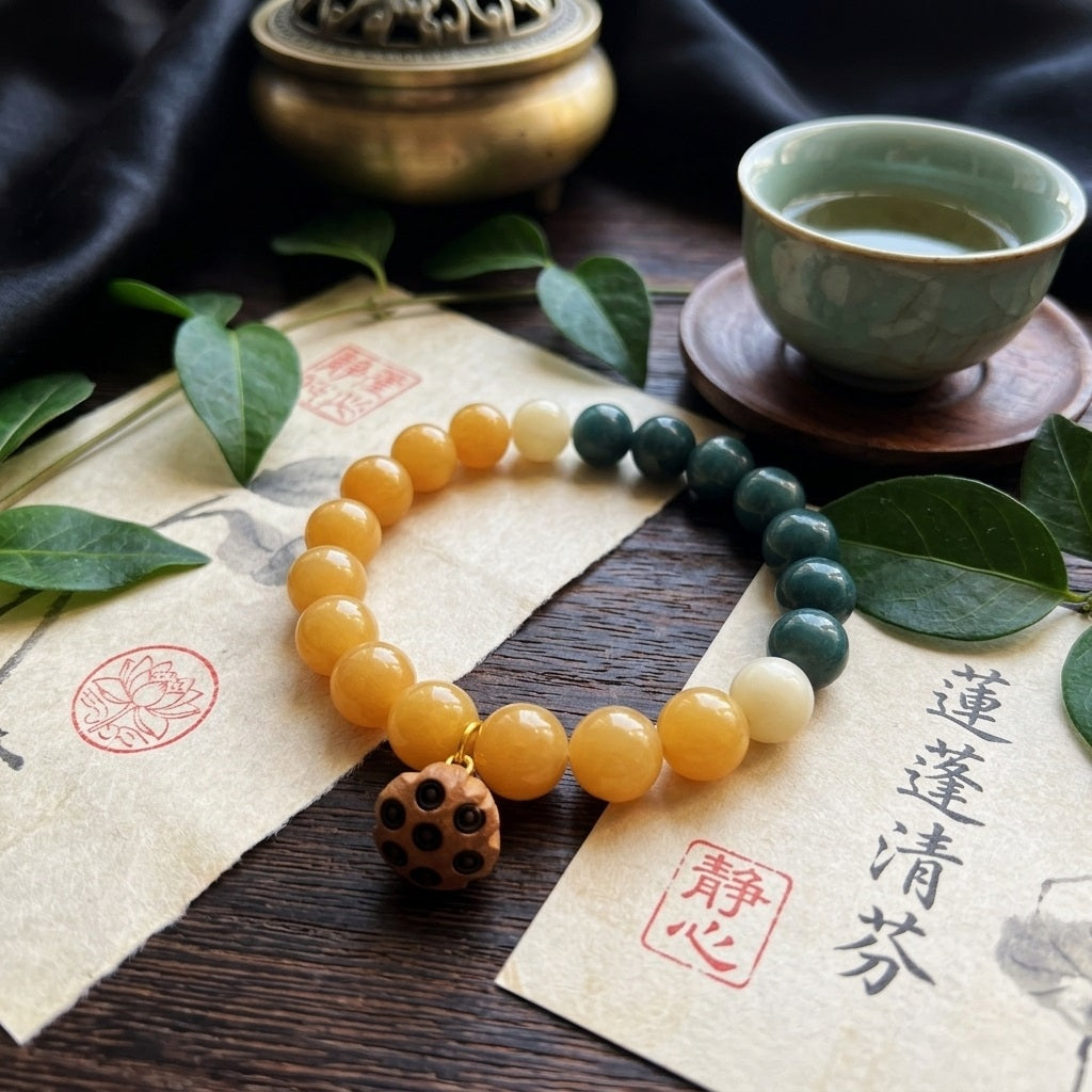GalaxGrace Natural Bodhi Root Gradient Color Bracelet Peach Wood Lotus Pendant Best Gift 2