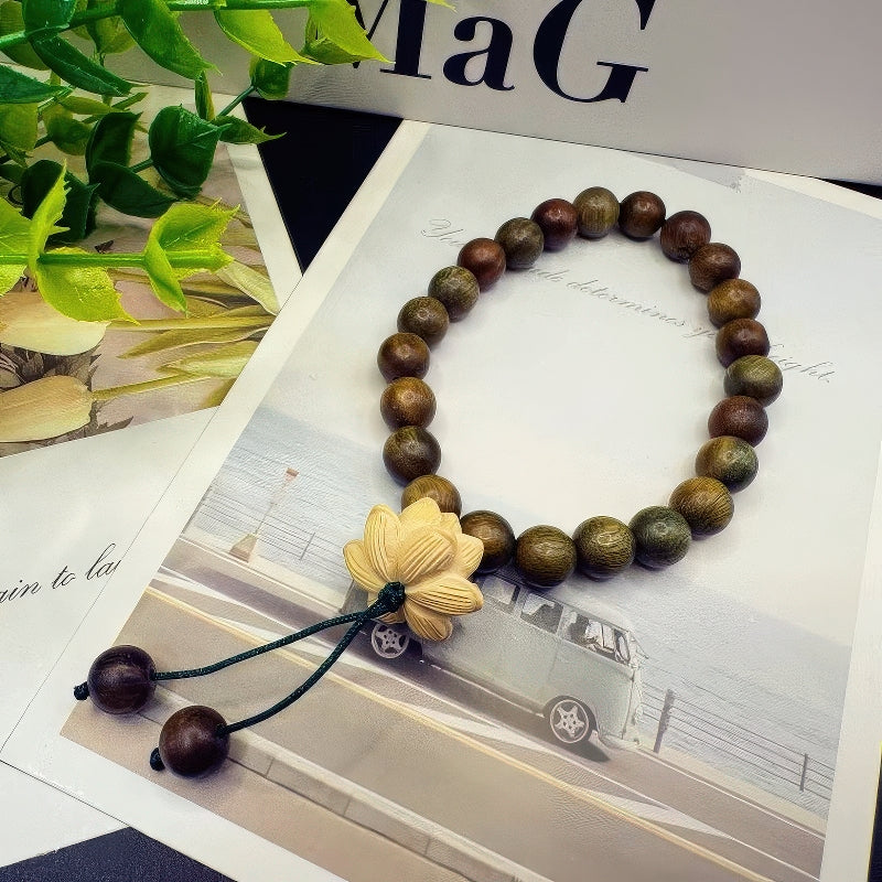GalaxGrace Chinese Style Natural Lotus Green Sandalwood Bracelet Bestgift