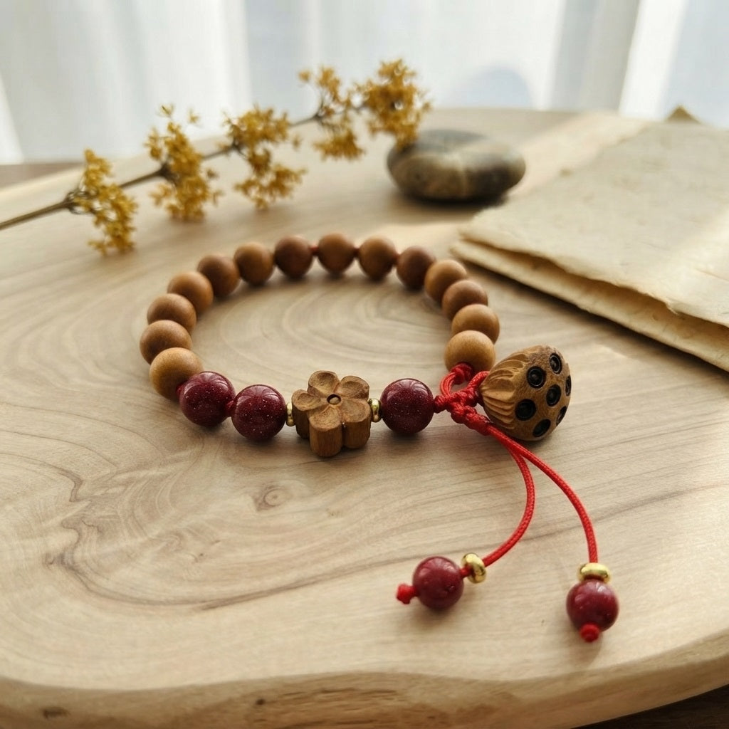 GalaxGrace Natural Peach Wood Lotus Pendant Peach Blossom Bracelet Best Gift 1