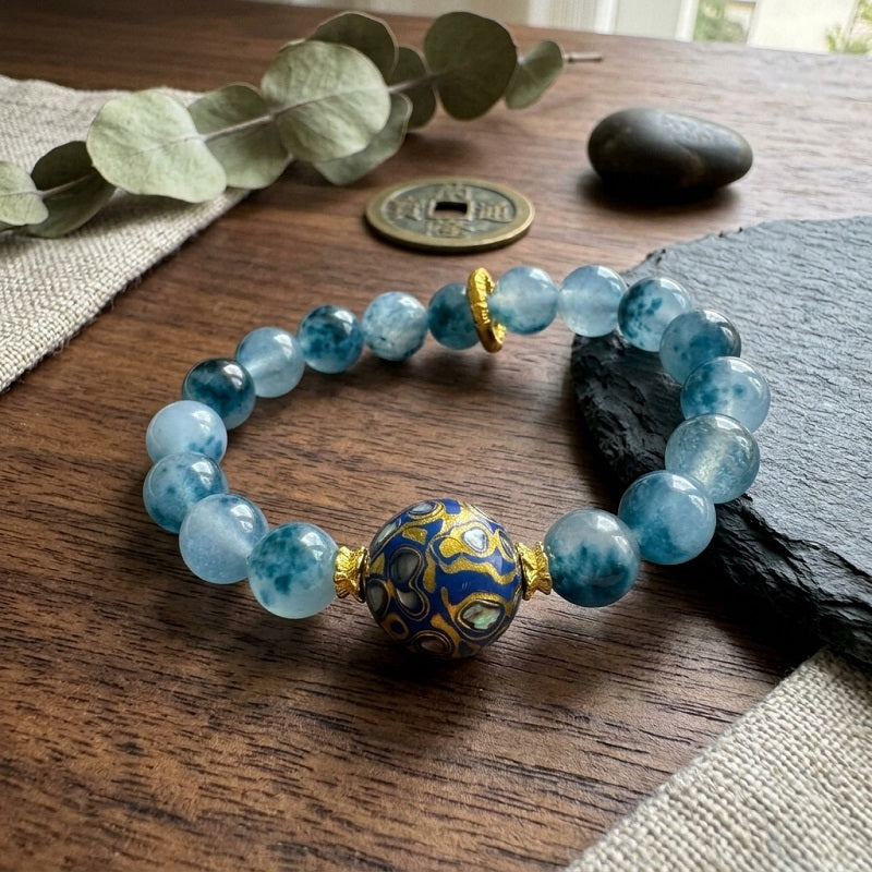 GalaxGrace Natural Blue Chalcedony Lacquer Bead Bracelet Best Gift