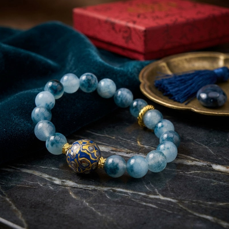 GalaxGrace Natural Blue Chalcedony Lacquer Bead Bracelet Best Gift 1