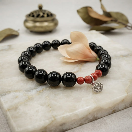 GalaxGrace Obsidian Cinnabar Sterling Silver Lotus Bracelet Best Gift