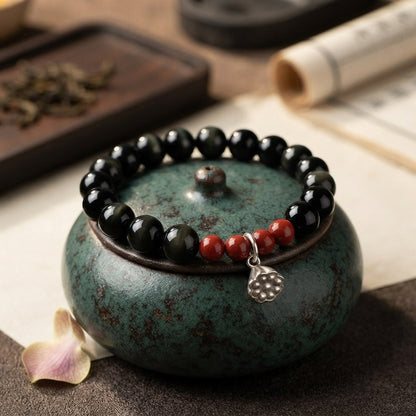 GalaxGrace Obsidian Cinnabar Sterling Silver Lotus Bracelet Best Gift 1