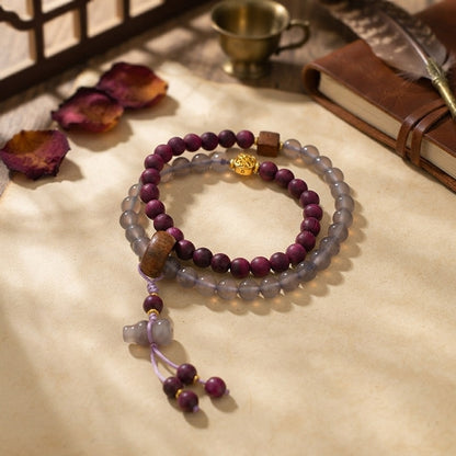 GalaxGrace Perilla Wood Smoke Purple Gray Agate Double Circle Bracelet Gourd Pendant Best Gift