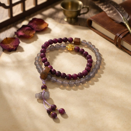 GalaxGrace Perilla Wood Smoke Purple Gray Agate Double Circle Bracelet Gourd Pendant Best Gift