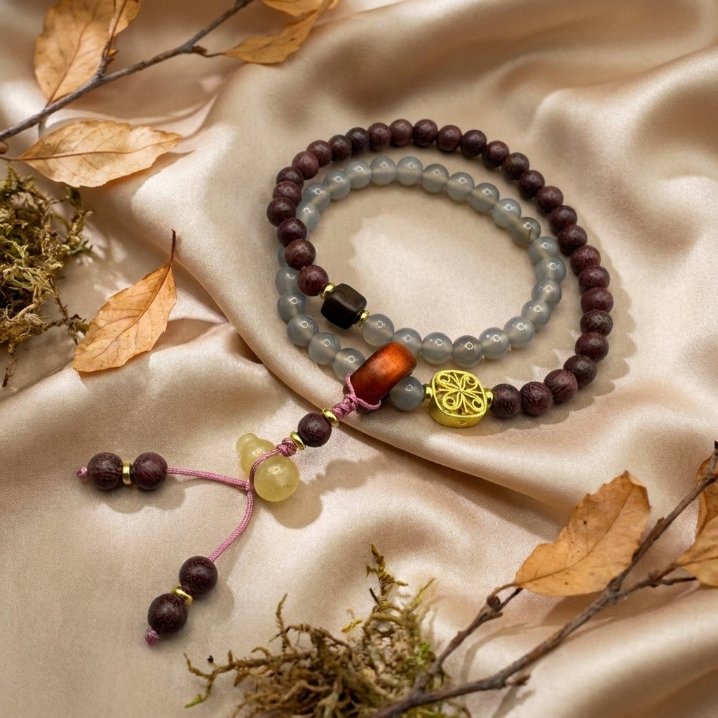GalaxGrace Perilla Wood Smoke Purple Gray Agate Double Circle Bracelet Gourd Pendant Best Gift 3