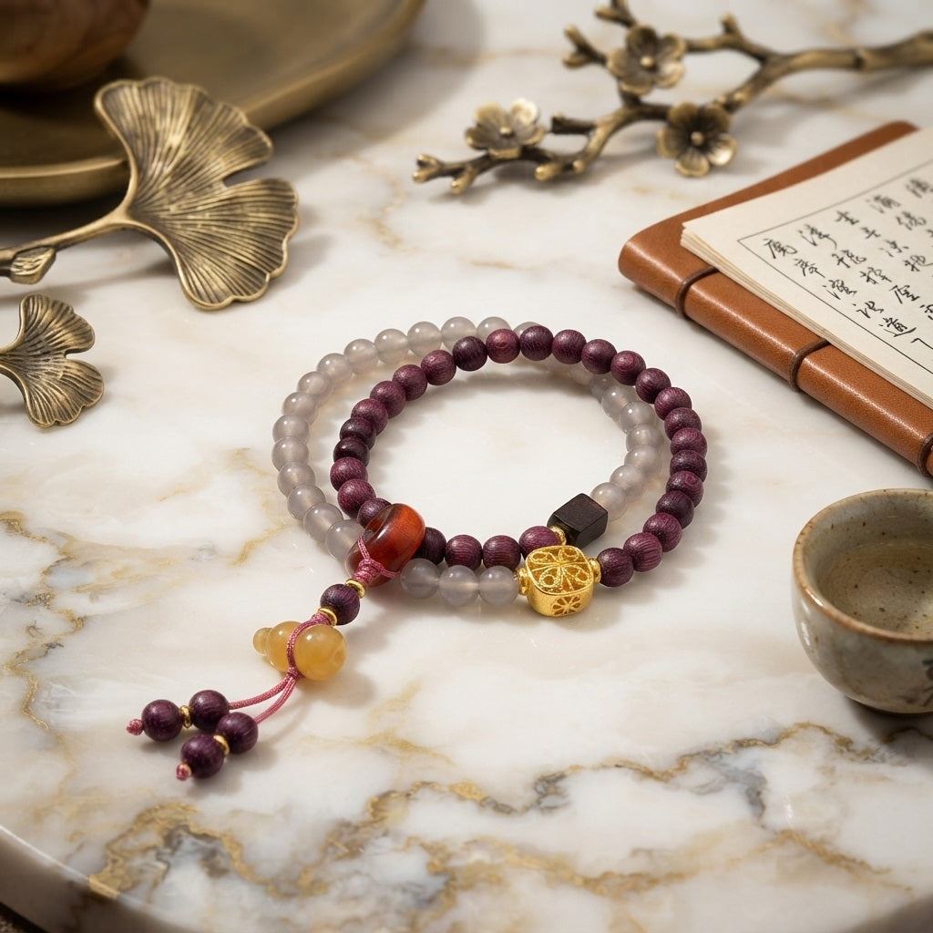 GalaxGrace Perilla Wood Smoke Purple Gray Agate Double Circle Bracelet Gourd Pendant Best Gift 1