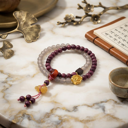 GalaxGrace Perilla Wood Smoke Purple Gray Agate Double Circle Bracelet Gourd Pendant Best Gift 1