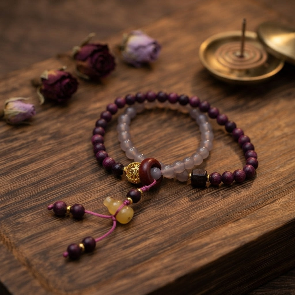 GalaxGrace Perilla Wood Smoke Purple Gray Agate Double Circle Bracelet Gourd Pendant Best Gift 2