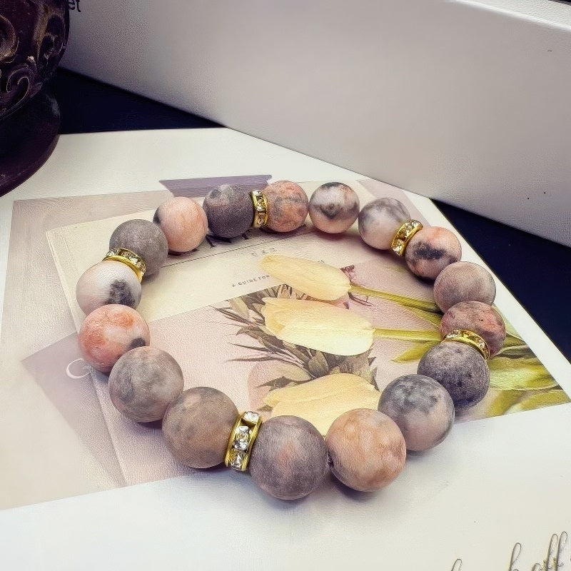 GalaxGrace Pink Zebra Diamond Frosted Stone Beaded Bracelet Best Gift 1