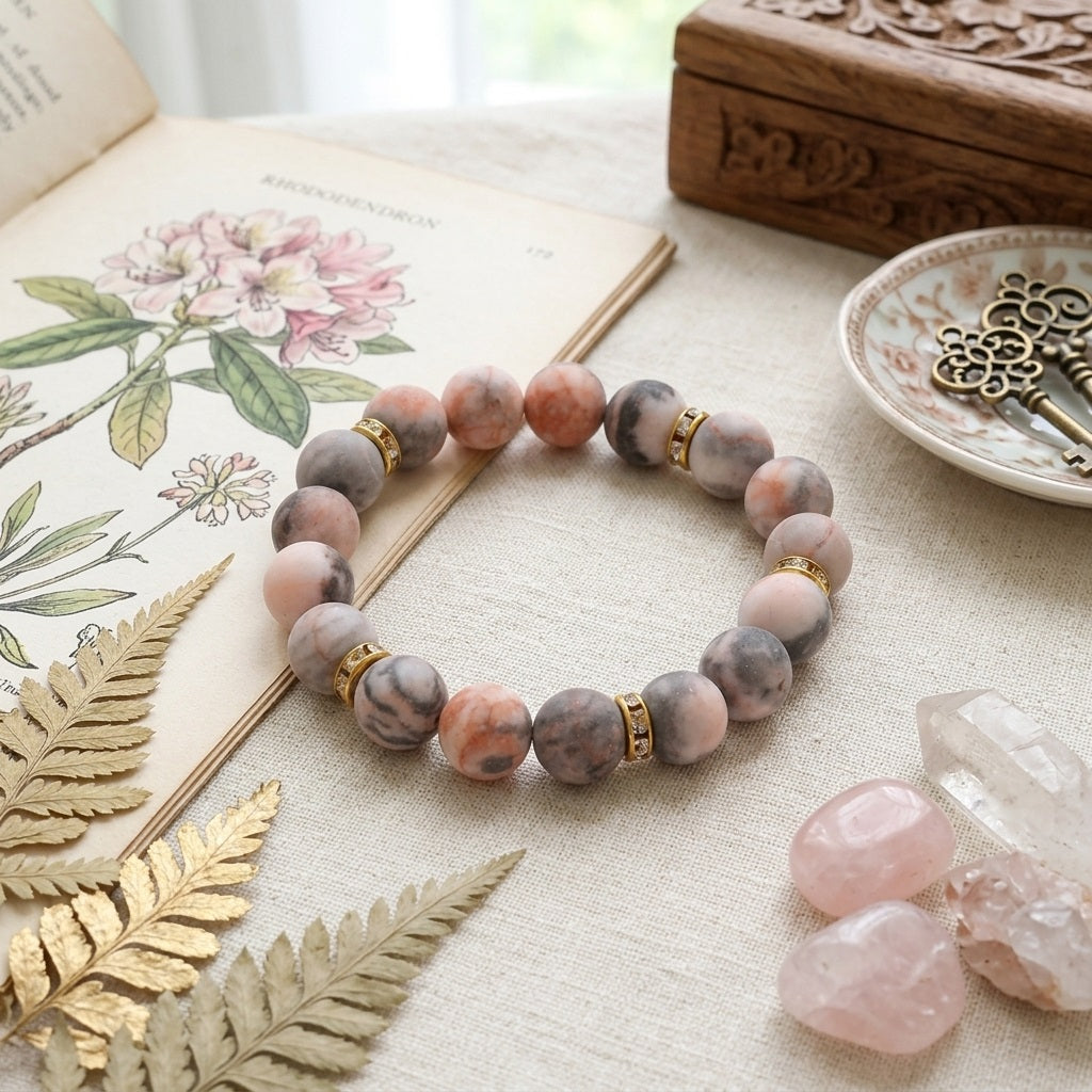 GalaxGrace Pink Zebra Diamond Frosted Stone Beaded Bracelet Best Gift 3