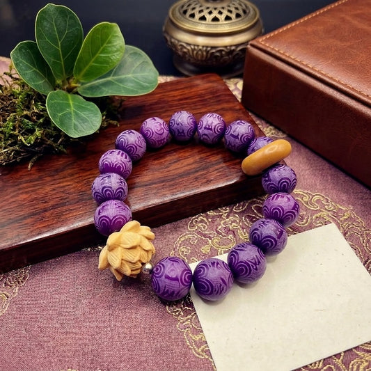 GalaxGrace Purple Grape Six-Character Mantra Carved White Jade Bodhi Root Bracelet Best Gift