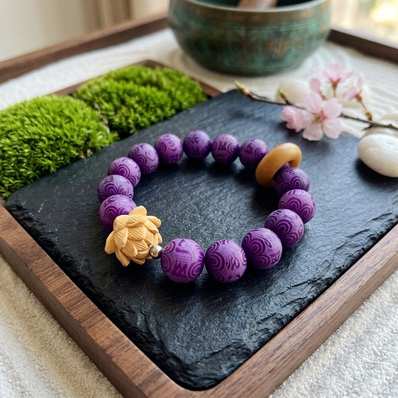 GalaxGrace Purple Grape Six-Character Mantra Carved White Jade Bodhi Root Bracelet Best Gift 1