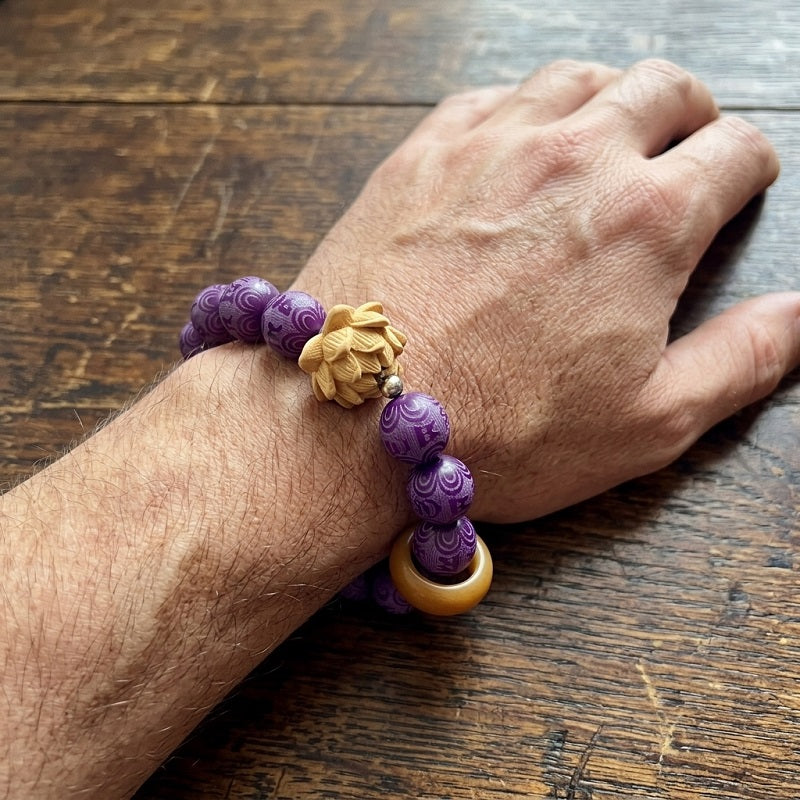 GalaxGrace Purple Grape Six-Character Mantra Carved White Jade Bodhi Root Bracelet Best Gift 6