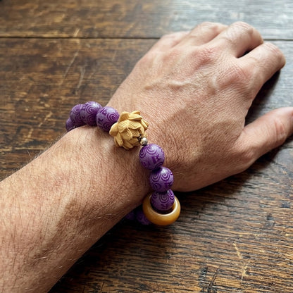 GalaxGrace Purple Grape Six-Character Mantra Carved White Jade Bodhi Root Bracelet Best Gift 6