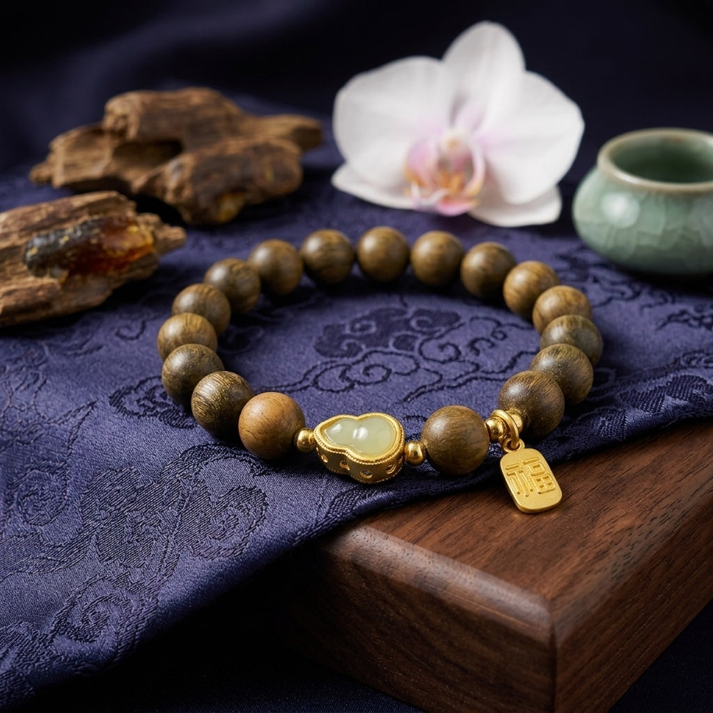 GalaxGrace Putuo Mountain Green Sandalwood Jade Gourd Bracelet Best Gift