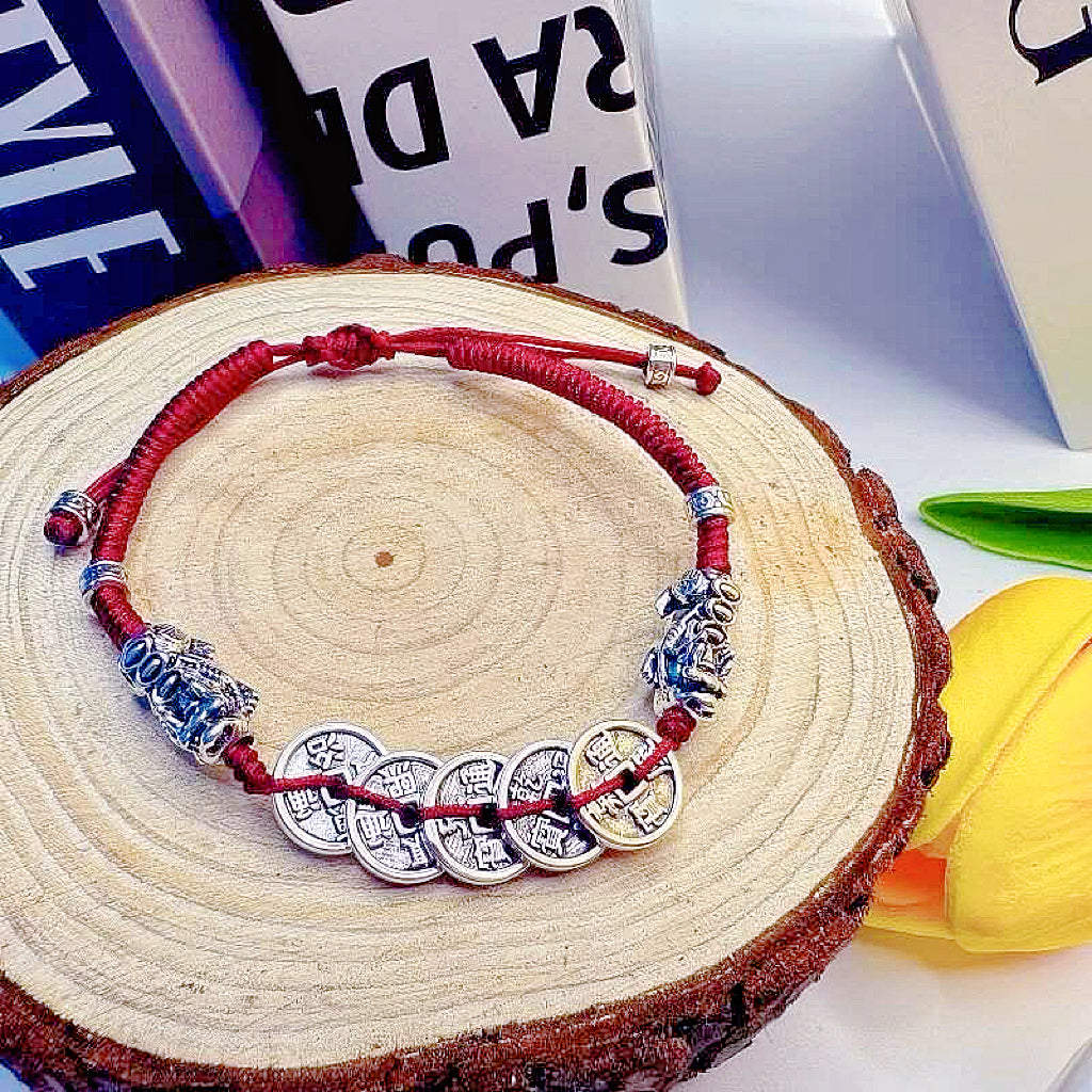 GalaxGrace Hand-woven Five Emperor Coin Pixiu String Bracelet